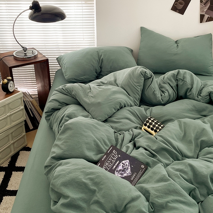 91家纺网 家纺一手货源 找家纺 优尚佳生活馆 2025新款ins风超柔褶皱亲肤磨毛水洗棉四件套纯色系列（风格二） 清新绿