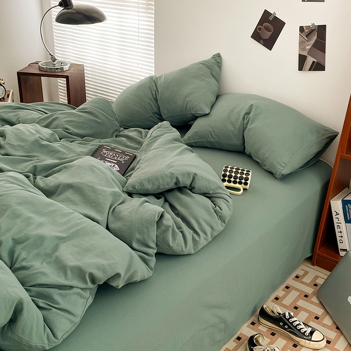 91家纺网 家纺一手货源 找家纺 优尚佳生活馆 2025新款ins风超柔褶皱亲肤磨毛水洗棉四件套纯色系列（风格二） 清新绿
