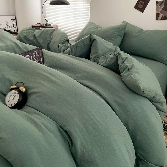 91家纺网 家纺一手货源 找家纺 优尚佳生活馆 2025新款ins风超柔褶皱亲肤磨毛水洗棉四件套纯色系列（风格二） 清新绿
