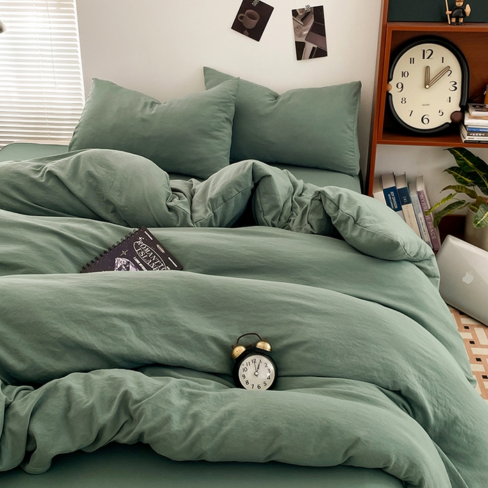 91家纺网 家纺一手货源 找家纺 优尚佳生活馆 2025新款ins风超柔褶皱亲肤磨毛水洗棉四件套纯色系列（风格二） 清新绿