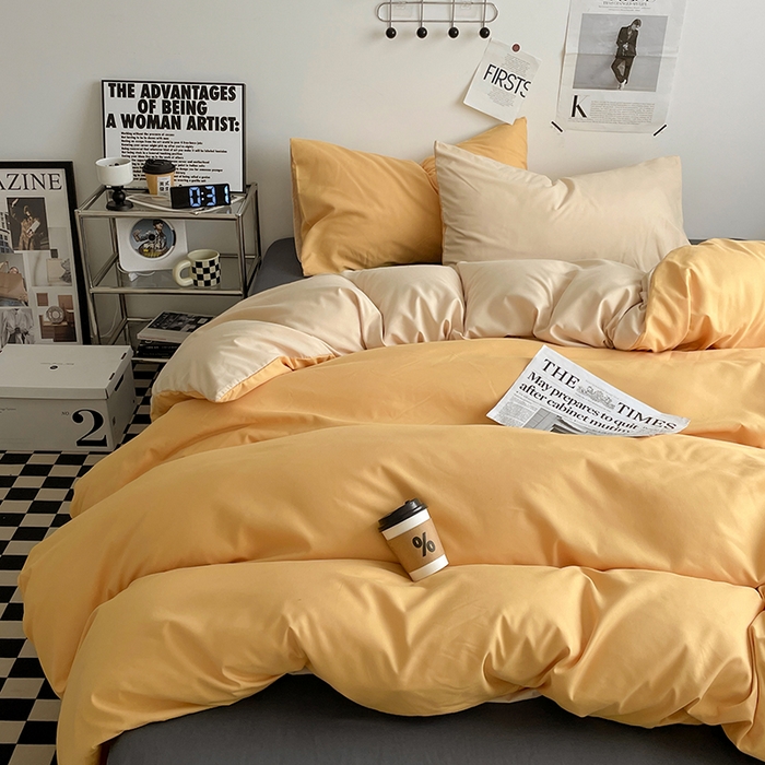 91家纺网 家纺一手货源 找家纺 优尚佳生活馆 2025新款无印风亲肤磨毛四件套-纯色 碳烤起司三拼