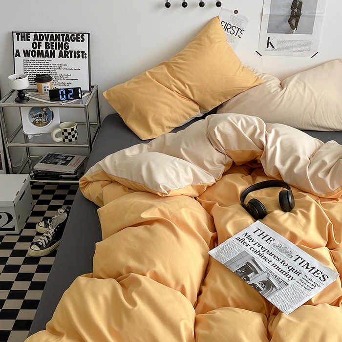 91家纺网 家纺一手货源 找家纺 优尚佳生活馆 2025新款无印风亲肤磨毛四件套-纯色 碳烤起司三拼