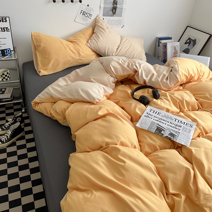 91家纺网 家纺一手货源 找家纺 优尚佳生活馆 2025新款无印风亲肤磨毛四件套-纯色 碳烤起司三拼