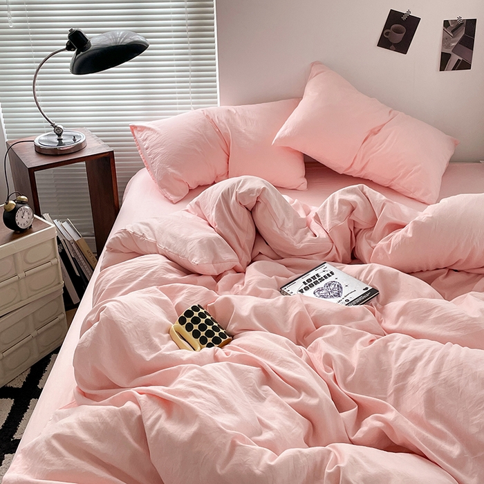 优尚佳生活馆 2025新款ins风超柔褶皱亲肤磨毛水洗棉四件套纯色系列（风格二） 樱花粉