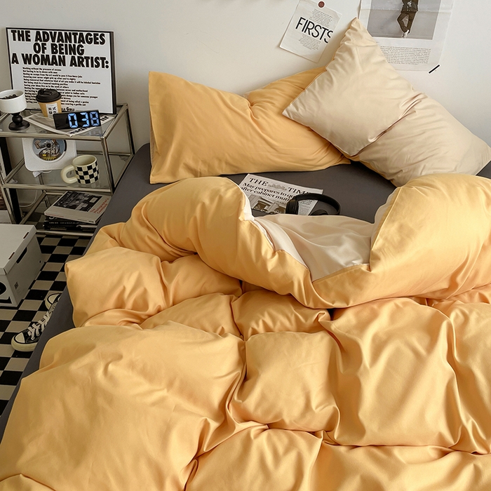 91家纺网 家纺一手货源 找家纺 优尚佳生活馆 2025新款无印风亲肤磨毛四件套-纯色 碳烤起司三拼