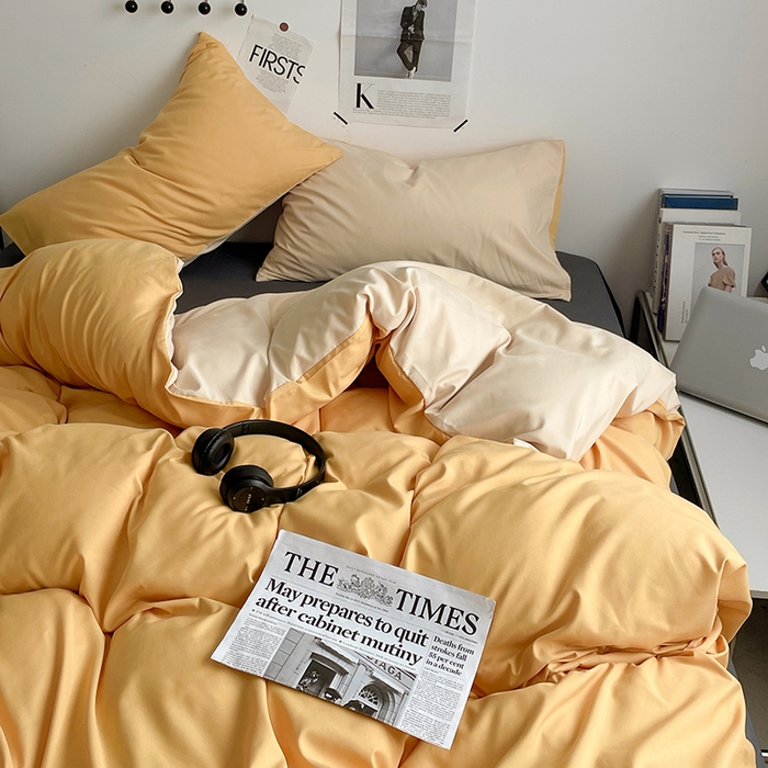 91家纺网 家纺一手货源 找家纺 优尚佳生活馆 2025新款无印风亲肤磨毛四件套-纯色 碳烤起司三拼