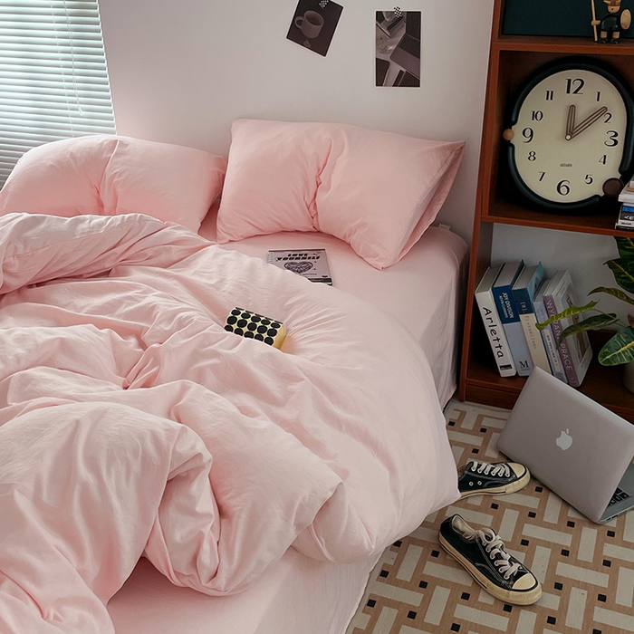 91家纺网 家纺一手货源 找家纺 优尚佳生活馆 2025新款ins风超柔褶皱亲肤磨毛水洗棉四件套纯色系列（风格二） 樱花粉