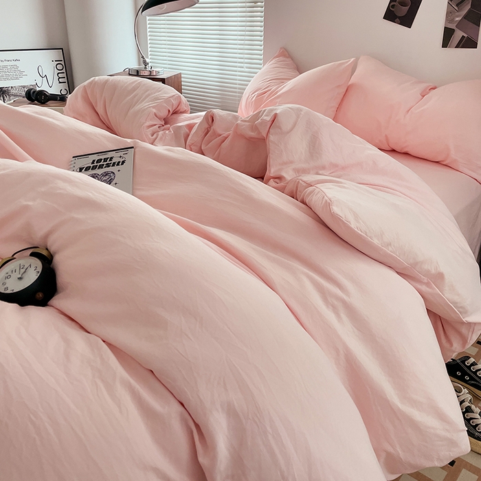 91家纺网 家纺一手货源 找家纺 优尚佳生活馆 2025新款ins风超柔褶皱亲肤磨毛水洗棉四件套纯色系列（风格二） 樱花粉