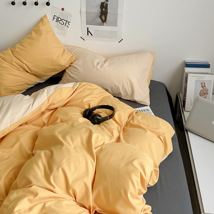 91家纺网 家纺一手货源 找家纺 优尚佳生活馆 2025新款无印风亲肤磨毛四件套-纯色 碳烤起司三拼