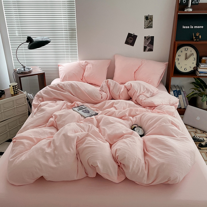 91家纺网 家纺一手货源 找家纺 优尚佳生活馆 2025新款ins风超柔褶皱亲肤磨毛水洗棉四件套纯色系列（风格二） 樱花粉