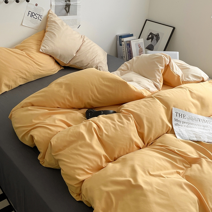 91家纺网 家纺一手货源 找家纺 优尚佳生活馆 2025新款无印风亲肤磨毛四件套-纯色 碳烤起司三拼