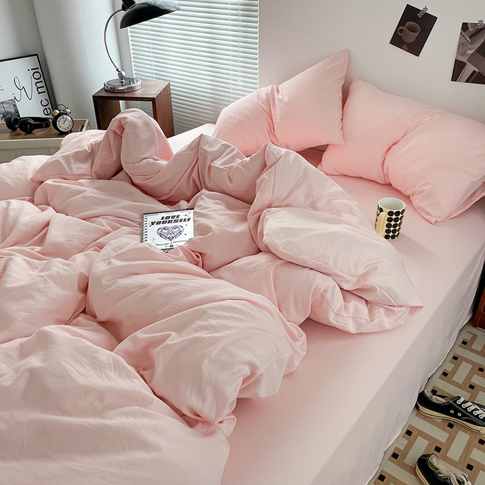 91家纺网 家纺一手货源 找家纺 优尚佳生活馆 2025新款ins风超柔褶皱亲肤磨毛水洗棉四件套纯色系列（风格二） 樱花粉