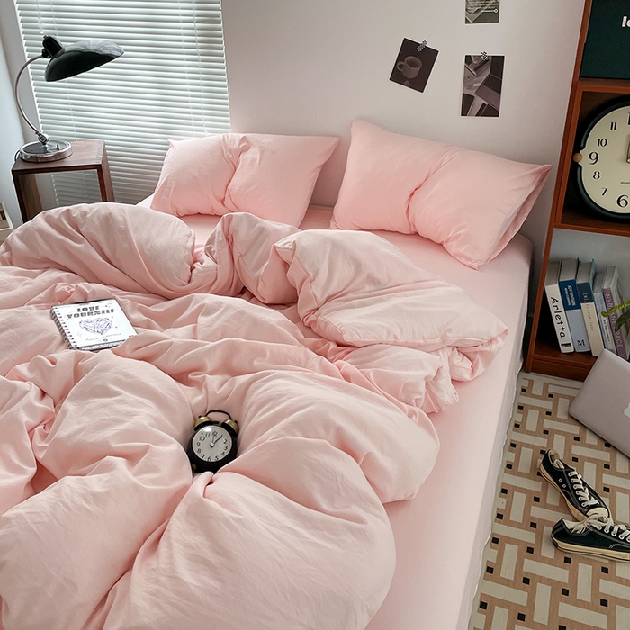 91家纺网 家纺一手货源 找家纺 优尚佳生活馆 2025新款ins风超柔褶皱亲肤磨毛水洗棉四件套纯色系列（风格二） 樱花粉