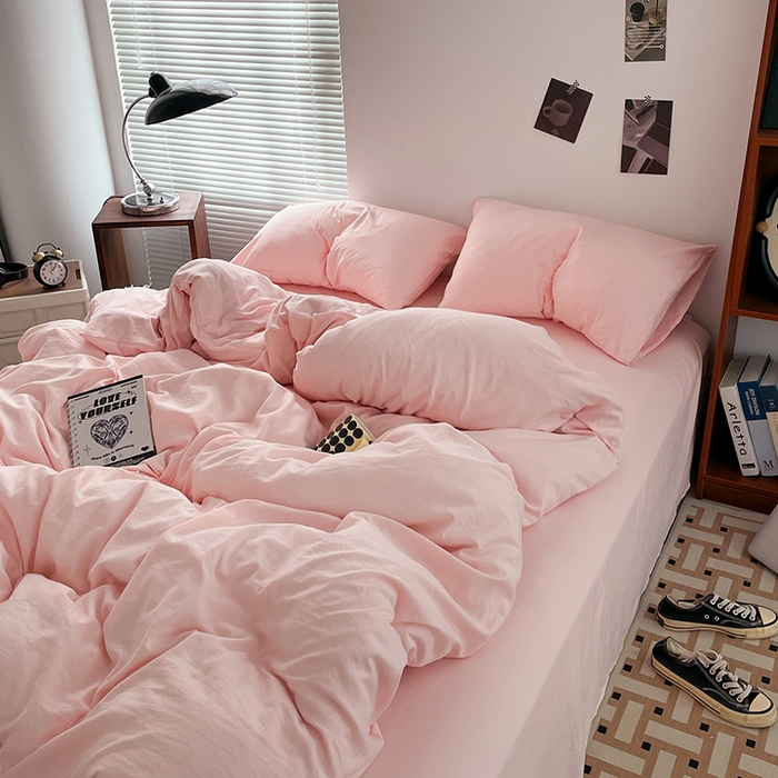 91家纺网 家纺一手货源 找家纺 优尚佳生活馆 2025新款ins风超柔褶皱亲肤磨毛水洗棉四件套纯色系列（风格二） 樱花粉