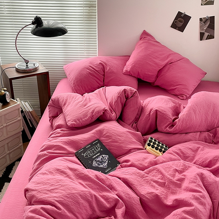 优尚佳生活馆 2025新款ins风超柔褶皱亲肤磨毛水洗棉四件套纯色系列（风格二） 优尚玫红
