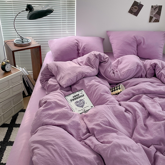 优尚佳生活馆 2025新款ins风超柔褶皱亲肤磨毛水洗棉四件套纯色系列（风格二） 芋泥紫