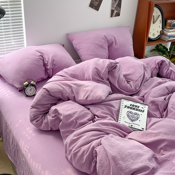 91家纺网 家纺一手货源 找家纺 优尚佳生活馆 2025新款ins风超柔褶皱亲肤磨毛水洗棉四件套纯色系列（风格二） 芋泥紫
