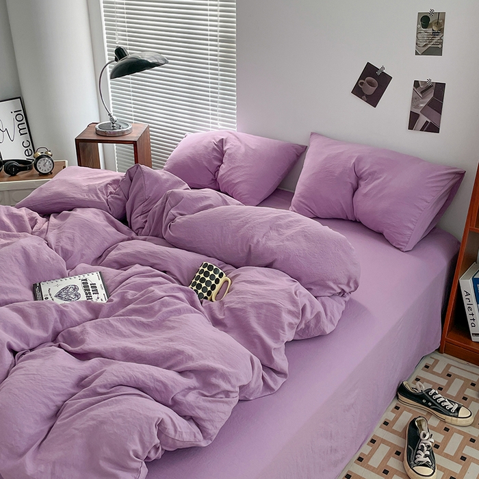 91家纺网 家纺一手货源 找家纺 优尚佳生活馆 2025新款ins风超柔褶皱亲肤磨毛水洗棉四件套纯色系列（风格二） 芋泥紫