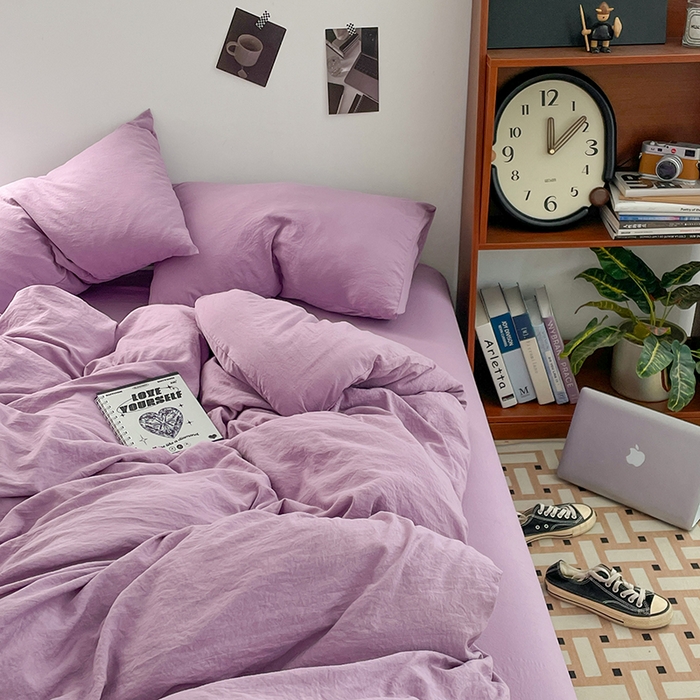 91家纺网 家纺一手货源 找家纺 优尚佳生活馆 2025新款ins风超柔褶皱亲肤磨毛水洗棉四件套纯色系列（风格二） 芋泥紫