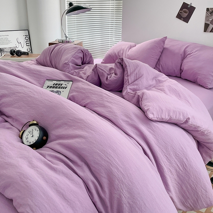 91家纺网 家纺一手货源 找家纺 优尚佳生活馆 2025新款ins风超柔褶皱亲肤磨毛水洗棉四件套纯色系列（风格二） 芋泥紫