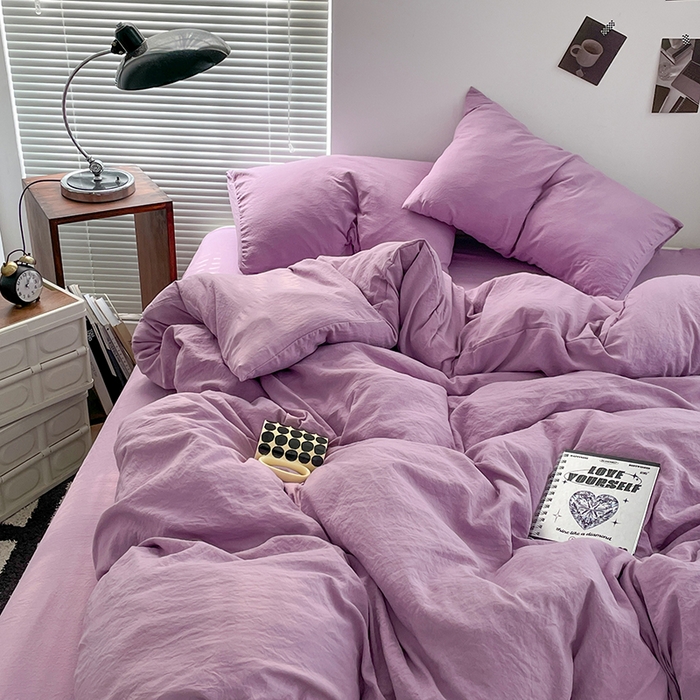 91家纺网 家纺一手货源 找家纺 优尚佳生活馆 2025新款ins风超柔褶皱亲肤磨毛水洗棉四件套纯色系列（风格二） 芋泥紫