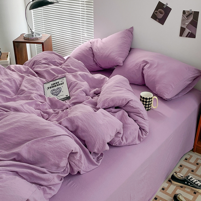 91家纺网 家纺一手货源 找家纺 优尚佳生活馆 2025新款ins风超柔褶皱亲肤磨毛水洗棉四件套纯色系列（风格二） 芋泥紫