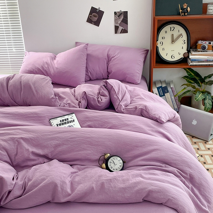 91家纺网 家纺一手货源 找家纺 优尚佳生活馆 2025新款ins风超柔褶皱亲肤磨毛水洗棉四件套纯色系列（风格二） 芋泥紫