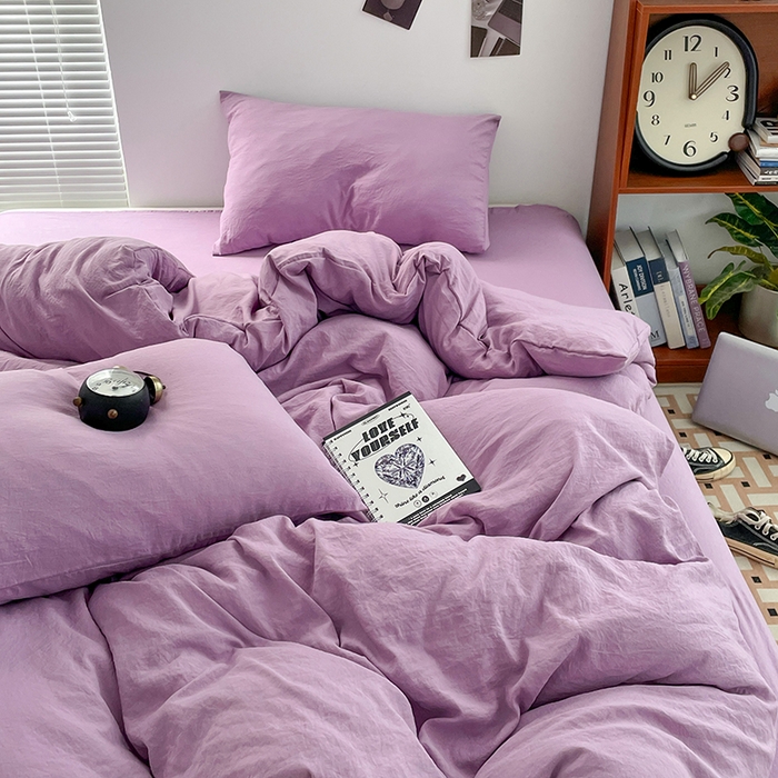 91家纺网 家纺一手货源 找家纺 优尚佳生活馆 2025新款ins风超柔褶皱亲肤磨毛水洗棉四件套纯色系列（风格二） 芋泥紫