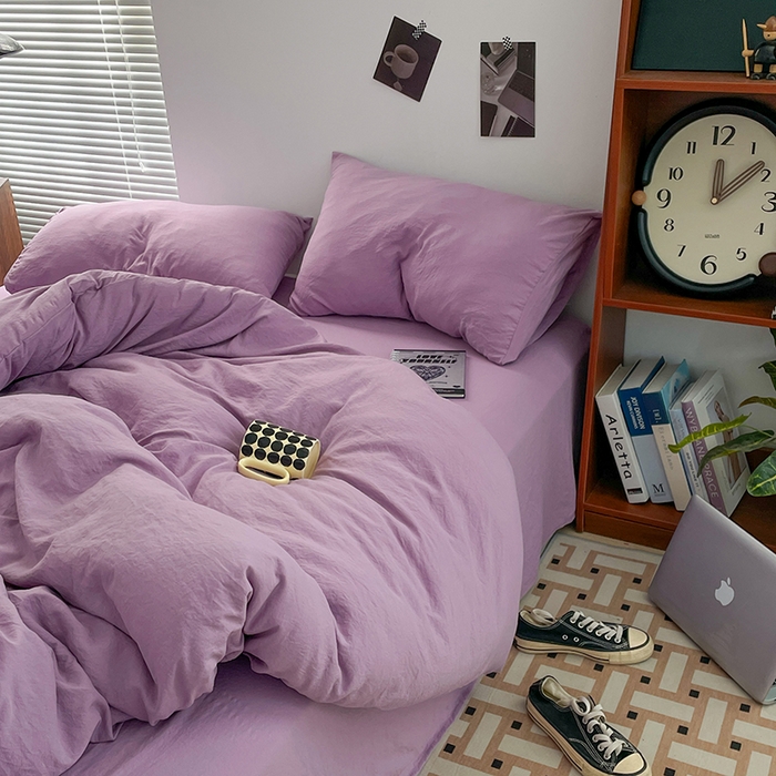 91家纺网 家纺一手货源 找家纺 优尚佳生活馆 2025新款ins风超柔褶皱亲肤磨毛水洗棉四件套纯色系列（风格二） 芋泥紫
