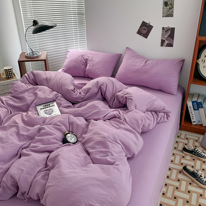 91家纺网 家纺一手货源 找家纺 优尚佳生活馆 2025新款ins风超柔褶皱亲肤磨毛水洗棉四件套纯色系列（风格二） 芋泥紫