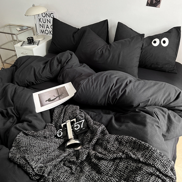 91家纺网 家纺一手货源 找家纺 优尚佳生活馆 2025新款ins风超柔褶皱亲肤磨毛水洗棉四件套纯色系列（风格二） 墨黑