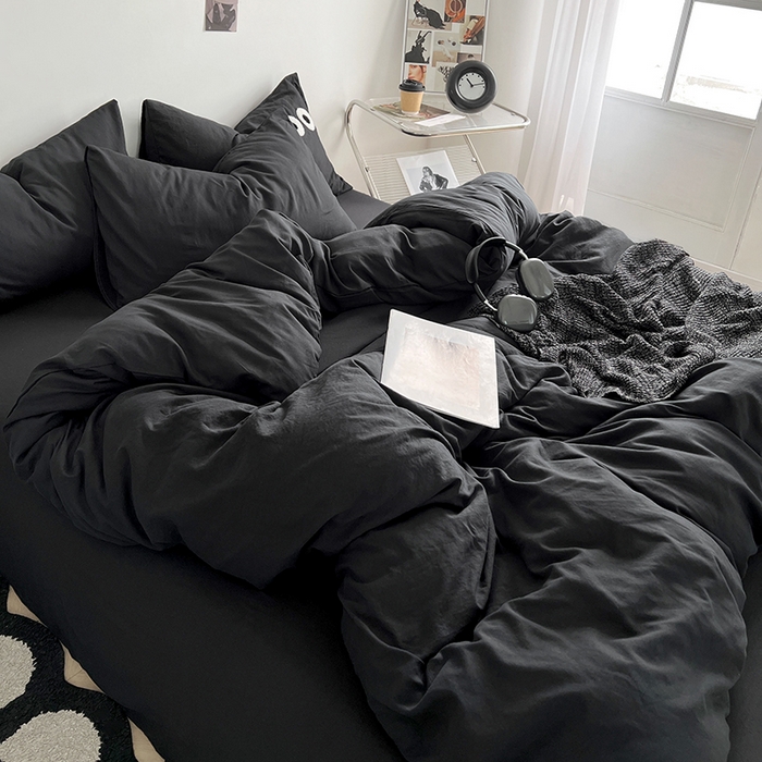 91家纺网 家纺一手货源 找家纺 优尚佳生活馆 2025新款ins风超柔褶皱亲肤磨毛水洗棉四件套纯色系列（风格二） 墨黑