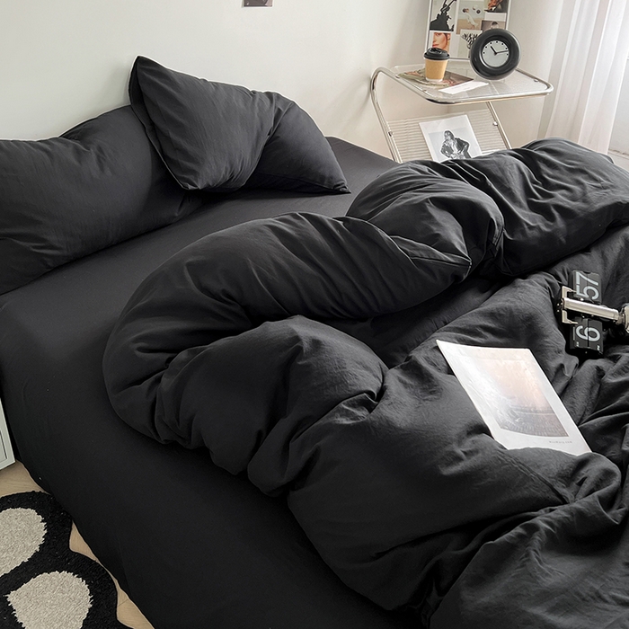 91家纺网 家纺一手货源 找家纺 优尚佳生活馆 2025新款ins风超柔褶皱亲肤磨毛水洗棉四件套纯色系列（风格二） 墨黑