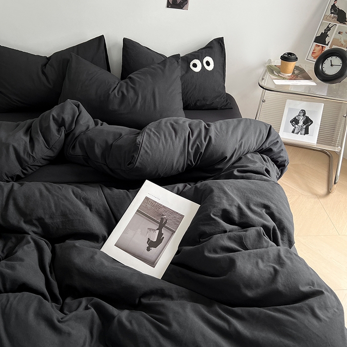 91家纺网 家纺一手货源 找家纺 优尚佳生活馆 2025新款ins风超柔褶皱亲肤磨毛水洗棉四件套纯色系列（风格二） 墨黑