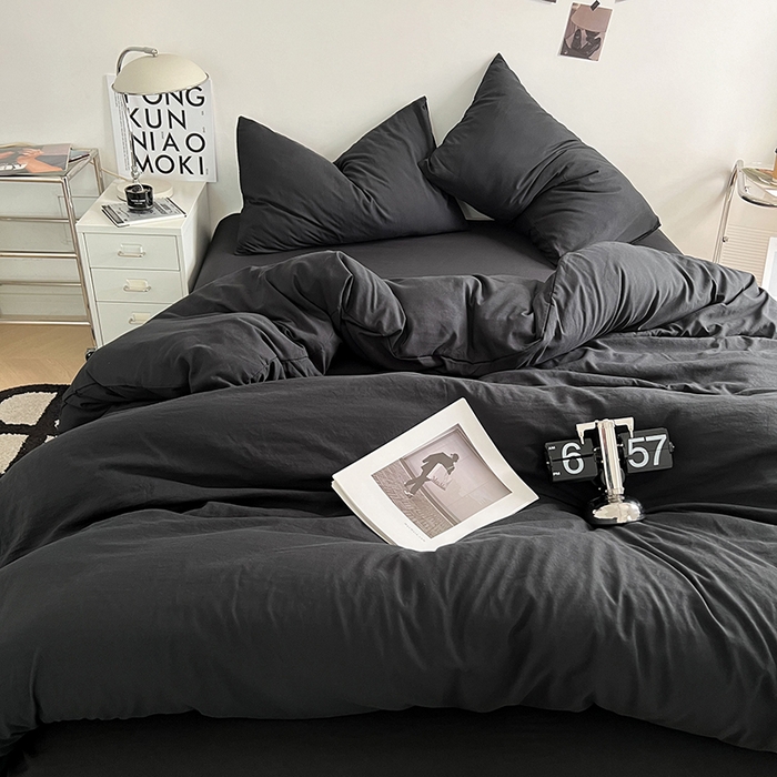 91家纺网 家纺一手货源 找家纺 优尚佳生活馆 2025新款ins风超柔褶皱亲肤磨毛水洗棉四件套纯色系列（风格二） 墨黑