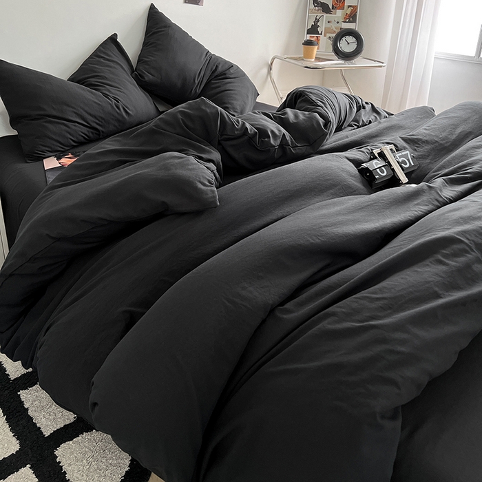 91家纺网 家纺一手货源 找家纺 优尚佳生活馆 2025新款ins风超柔褶皱亲肤磨毛水洗棉四件套纯色系列（风格二） 墨黑
