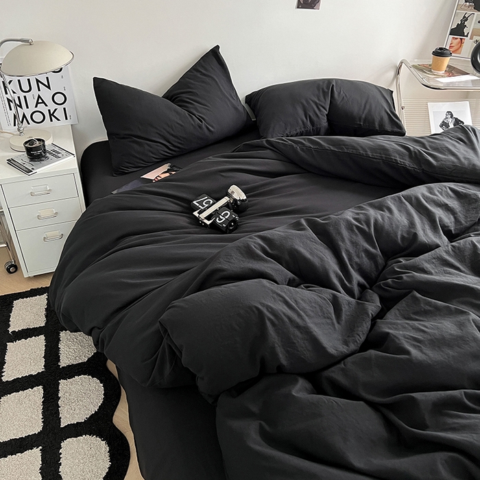 91家纺网 家纺一手货源 找家纺 优尚佳生活馆 2025新款ins风超柔褶皱亲肤磨毛水洗棉四件套纯色系列（风格二） 墨黑