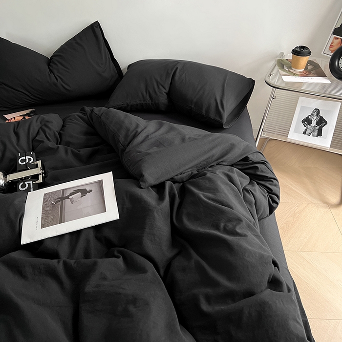 91家纺网 家纺一手货源 找家纺 优尚佳生活馆 2025新款ins风超柔褶皱亲肤磨毛水洗棉四件套纯色系列（风格二） 墨黑