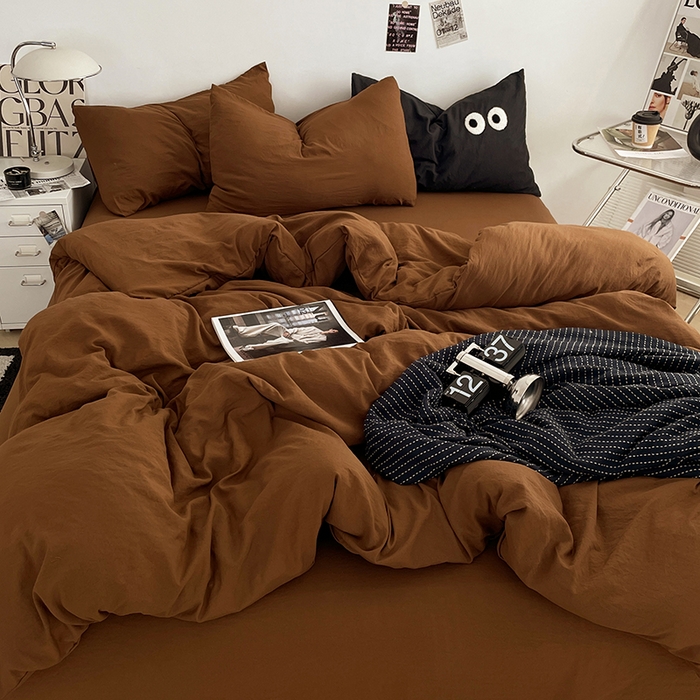 优尚佳生活馆 2025新款ins风超柔褶皱亲肤磨毛水洗棉四件套纯色系列（风格一） 焦糖