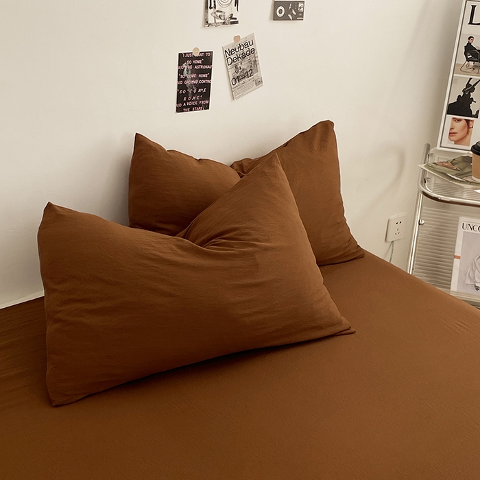 91家纺网 家纺一手货源 找家纺 优尚佳生活馆 2025新款ins风超柔褶皱亲肤磨毛水洗棉四件套纯色系列（风格一） 焦糖