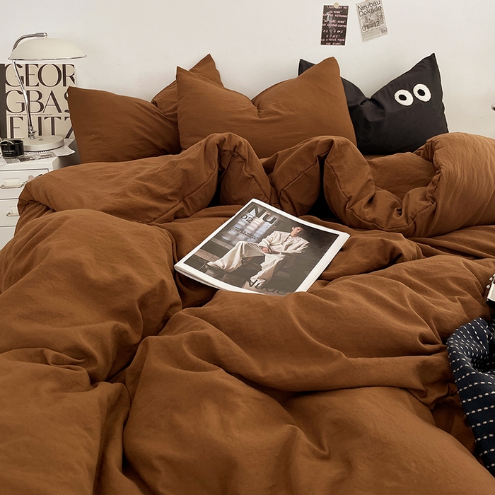 91家纺网 家纺一手货源 找家纺 优尚佳生活馆 2025新款ins风超柔褶皱亲肤磨毛水洗棉四件套纯色系列（风格一） 焦糖