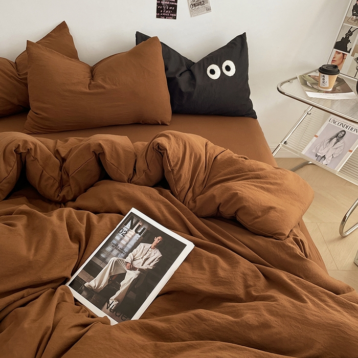 91家纺网 家纺一手货源 找家纺 优尚佳生活馆 2025新款ins风超柔褶皱亲肤磨毛水洗棉四件套纯色系列（风格一） 焦糖