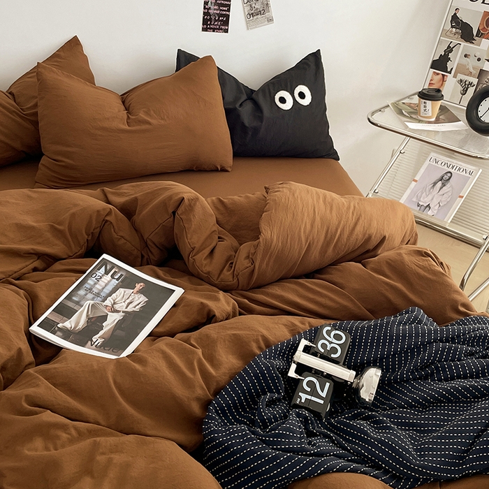 91家纺网 家纺一手货源 找家纺 优尚佳生活馆 2025新款ins风超柔褶皱亲肤磨毛水洗棉四件套纯色系列（风格一） 焦糖