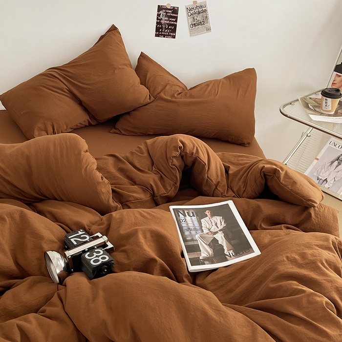 91家纺网 家纺一手货源 找家纺 优尚佳生活馆 2025新款ins风超柔褶皱亲肤磨毛水洗棉四件套纯色系列（风格一） 焦糖