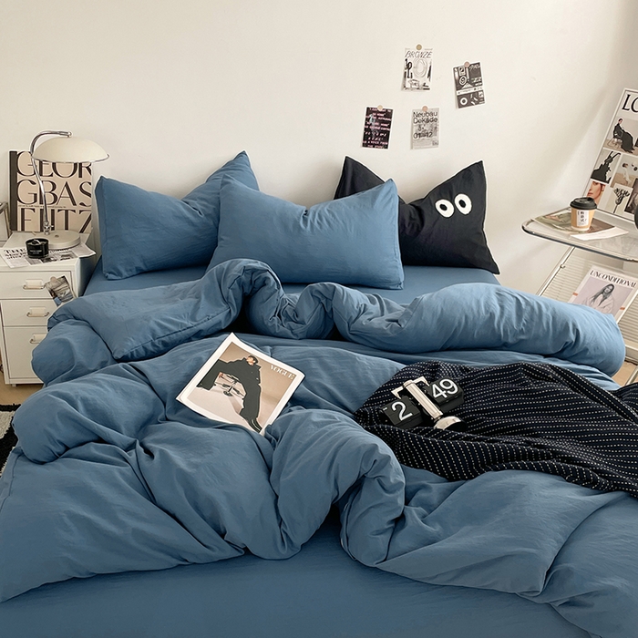优尚佳生活馆 2025新款ins风超柔褶皱亲肤磨毛水洗棉四件套纯色系列（风格一） 梵星蓝
