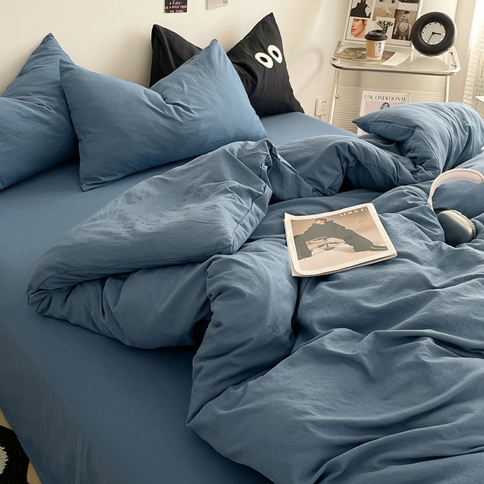 91家纺网 家纺一手货源 找家纺 优尚佳生活馆 2025新款ins风超柔褶皱亲肤磨毛水洗棉四件套纯色系列（风格一） 梵星蓝