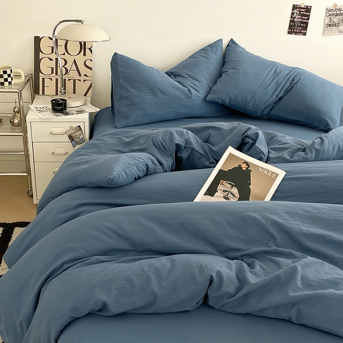 91家纺网 家纺一手货源 找家纺 优尚佳生活馆 2025新款ins风超柔褶皱亲肤磨毛水洗棉四件套纯色系列（风格一） 梵星蓝