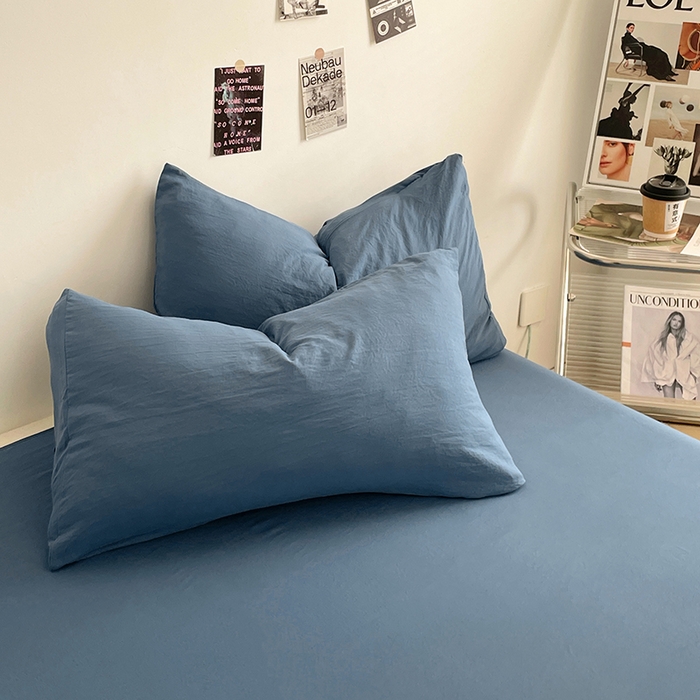 91家纺网 家纺一手货源 找家纺 优尚佳生活馆 2025新款ins风超柔褶皱亲肤磨毛水洗棉四件套纯色系列（风格一） 梵星蓝