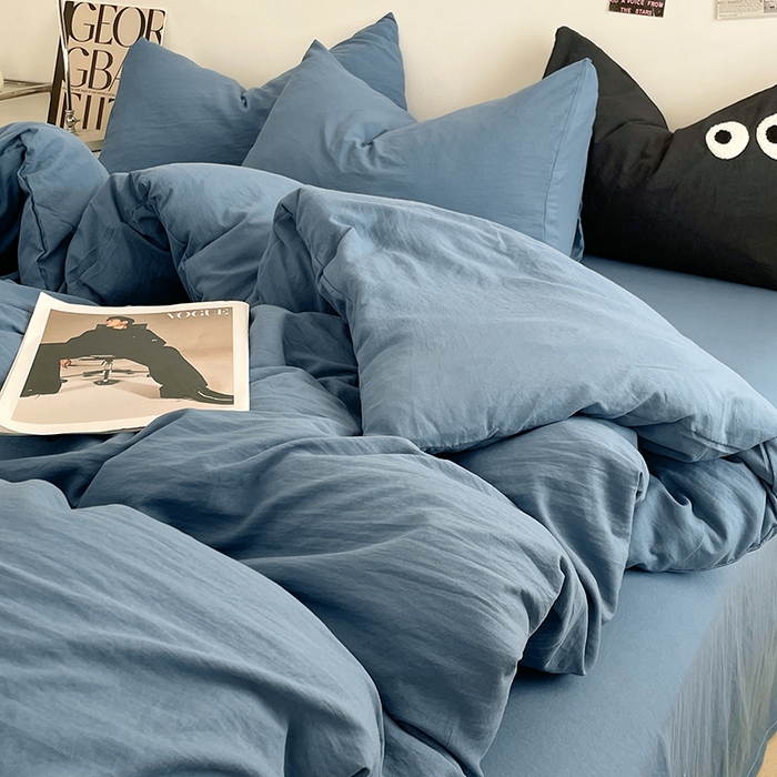 91家纺网 家纺一手货源 找家纺 优尚佳生活馆 2025新款ins风超柔褶皱亲肤磨毛水洗棉四件套纯色系列（风格一） 梵星蓝