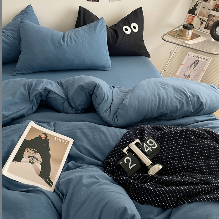 91家纺网 家纺一手货源 找家纺 优尚佳生活馆 2025新款ins风超柔褶皱亲肤磨毛水洗棉四件套纯色系列（风格一） 梵星蓝